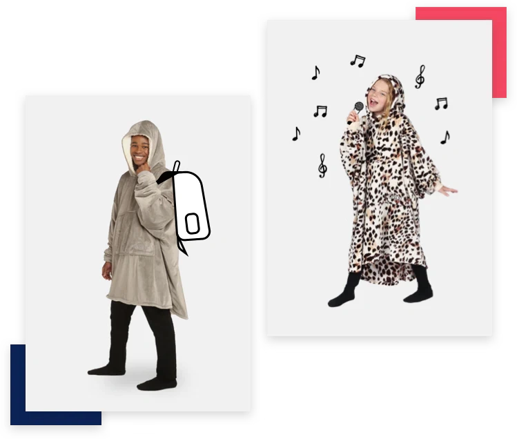 A boy with a plain wearable the comfy blanket using a cartonish bag, and a girl singing and using a leotard pattern wearable The Comfy blanket