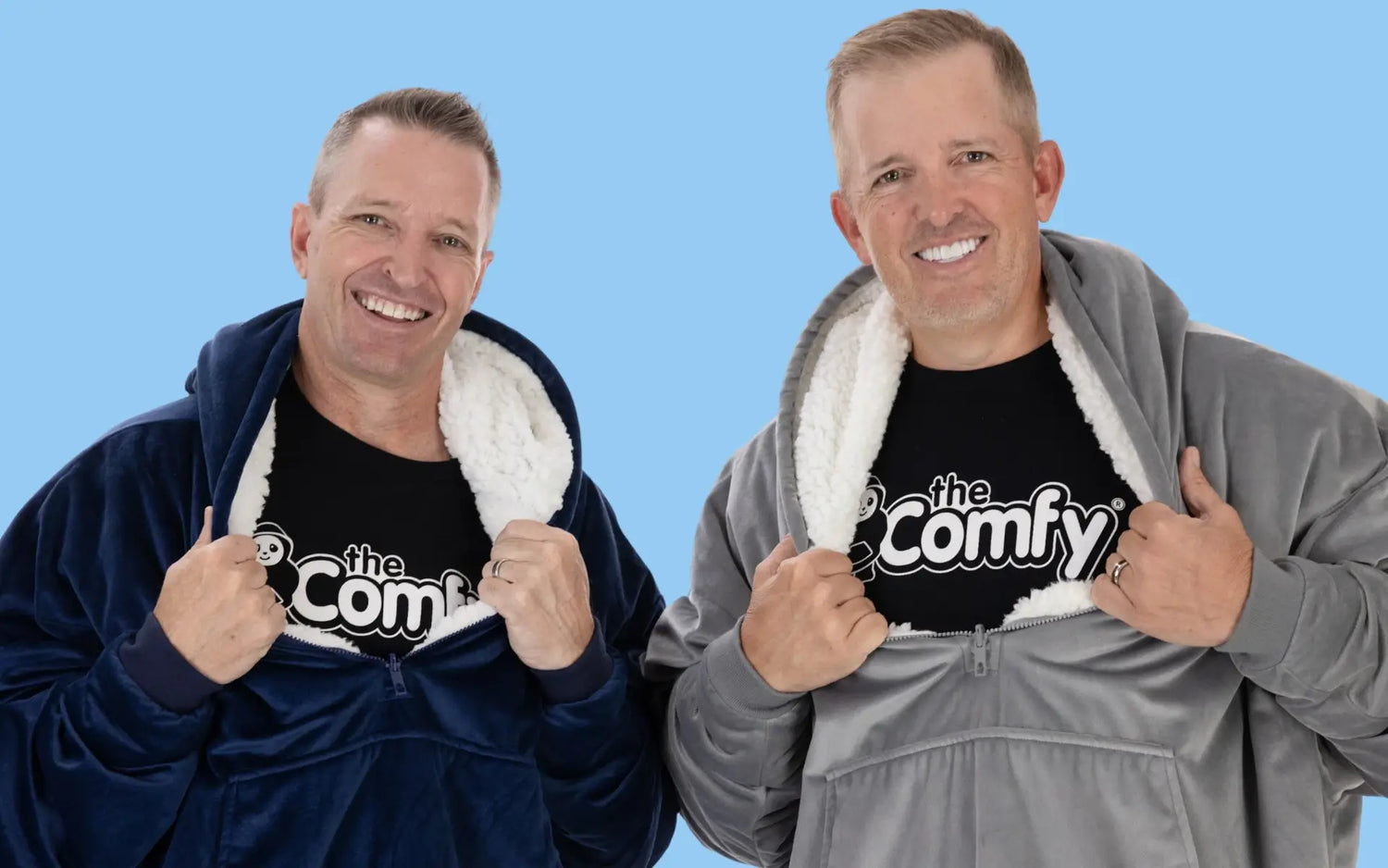 Two men wearing TheComfy and using shirts with The Comfy logo on it.