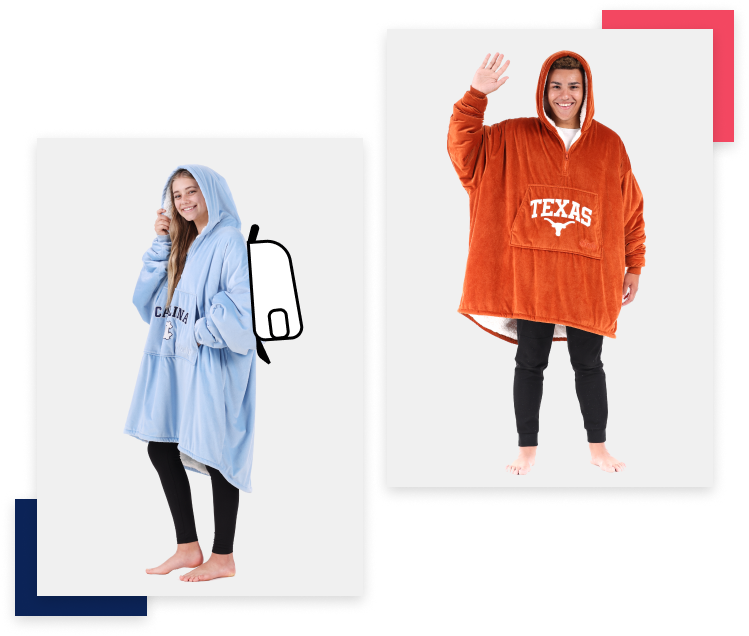 Two college students wearing the comfy wearable blanket with the logo of their universities