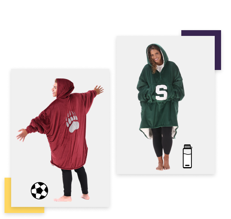 Two young persons wearing The Comfy wearable blankets with university logos on it