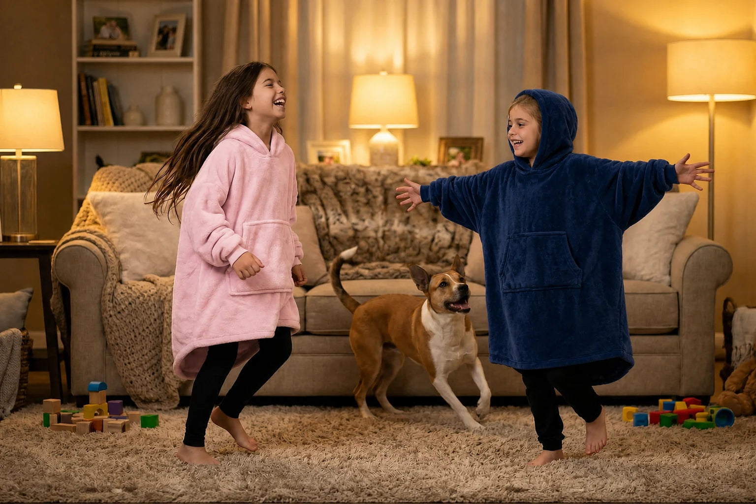 Two children in pink and navy Dream Jr. wearable blankets playing with a dog in a living room.